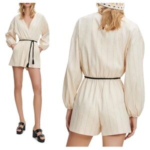 NEW Maje Ibioli Belted Beige‎ Pinstriped Romper Neutral Chic Balloon Sleeve 36 4
